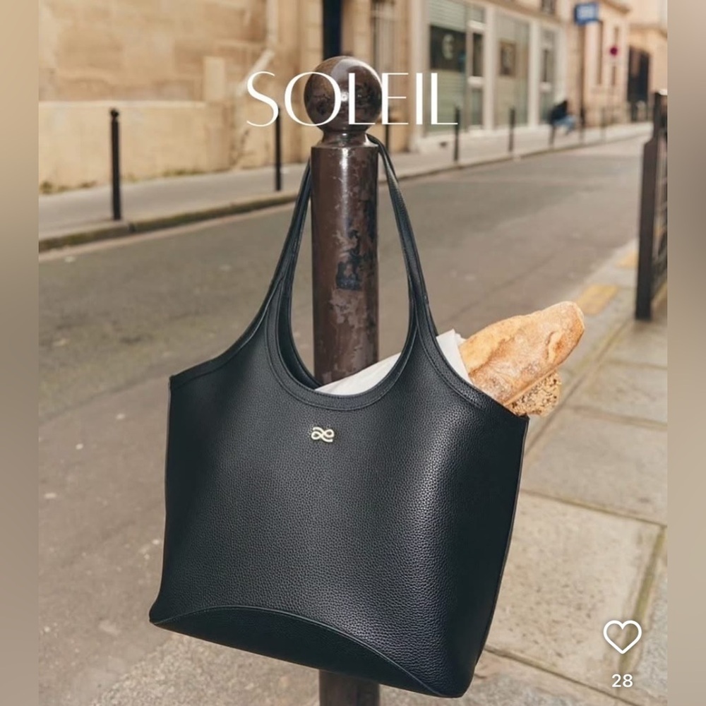SOLEIL Black Leather Tote with Gold Emblem